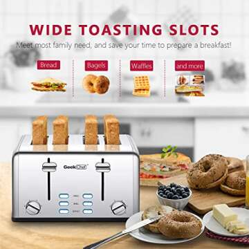 Toaster 4 Slice, Geek Chef Stainless Steel Toaster with Extra Wide Slots, 4 Slot Toaster with Bagel/...