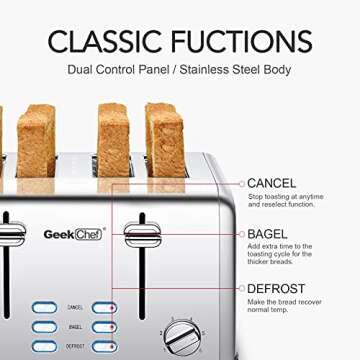 Toaster 4 Slice, Geek Chef Stainless Steel Toaster with Extra Wide Slots, 4 Slot Toaster with Bagel/Defrost/Cancel Function, Dual Control Panel of 6 Toasting Bread Shade Settings