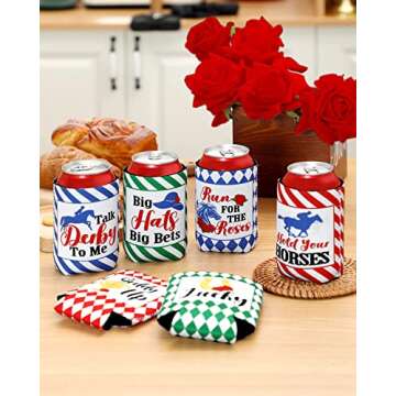 Derby Day Party Can Sleeves Talk Derby to Me Race Horse Neoprene Beverage Can Cover Sleeve Run for The Roses Derby Party Decoratrions Blue Green Red Sleeves for Soda 6-Pack