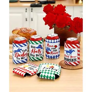 Derby Day Party Can Sleeves Talk Derby to Me Race Horse Neoprene Beverage Can Cover Sleeve Run for The Roses Derby Party Decoratrions Blue Green Red Sleeves for Soda 6-Pack