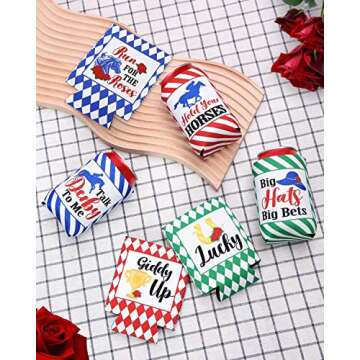Derby Day Party Can Sleeves Talk Derby to Me Race Horse Neoprene Beverage Can Cover Sleeve Run for The Roses Derby Party Decoratrions Blue Green Red Sleeves for Soda 6-Pack