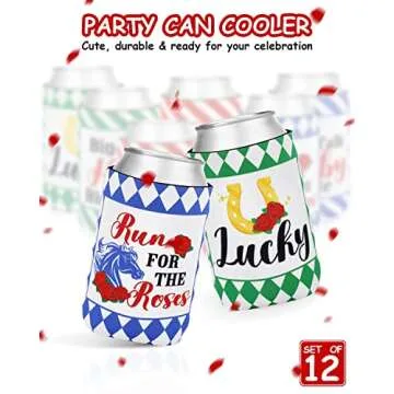Derby Day Party Can Sleeves Talk Derby to Me Race Horse Neoprene Beverage Can Cover Sleeve Run for The Roses Derby Party Decoratrions Blue Green Red Sleeves for Soda 6-Pack