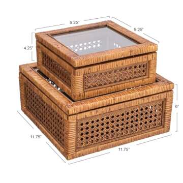 Creative Co-Op Modern Decorative Square Woven Rattan and Wood Display Boxes with Glass Top, Set of 2 Sizes, Dark Brown Finish
