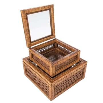 Creative Co-Op Modern Decorative Square Woven Rattan and Wood Display Boxes with Glass Top, Set of 2 Sizes, Dark Brown Finish