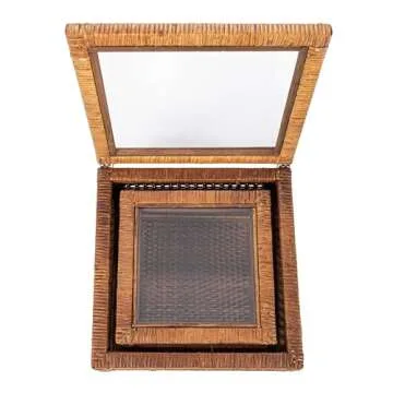 Creative Co-Op Modern Decorative Square Woven Rattan and Wood Display Boxes with Glass Top, Set of 2 Sizes, Dark Brown Finish