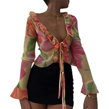 SOFIA'S CHOICE Women's Open Front Crop Top Tie Long Sleeve Ruffle V Neck Short Blouse Shirt Pink Sma...