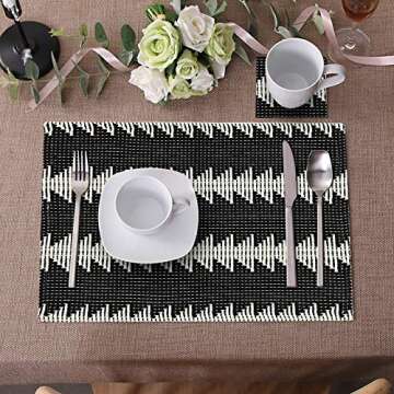 Ailsan Farmhouse Placemats Set of 4, Boho Black White Woven Placemat for Dining Table 14"x19" Reversible Dinner Napkin Placemats for Christmas Holiday Table Home Decoration