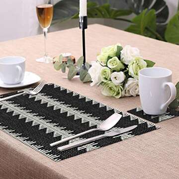 Ailsan Farmhouse Placemats Set of 4, Boho Black White Woven Placemat for Dining Table 14"x19" Reversible Dinner Napkin Placemats for Christmas Holiday Table Home Decoration