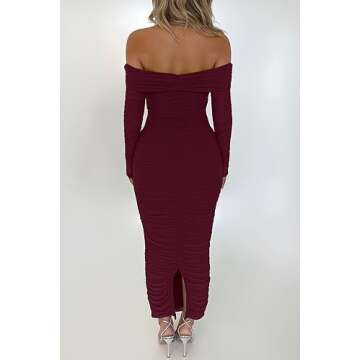 PRETTYGARDEN Women's Fall Off Shoulder Maxi Bodycon Dress Long Sleeve Ruched Fitted Club Dresses with Slit (Wine Red,Medium)
