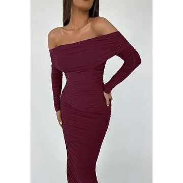 PRETTYGARDEN Women's Fall Off Shoulder Maxi Bodycon Dress Long Sleeve Ruched Fitted Club Dresses with Slit (Wine Red,Medium)