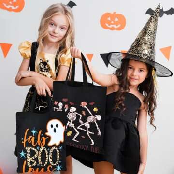 SOIDRAM Halloween Tote Bag Trick or Treat Bags Large Candy Tote Bag for Halloween Bag for kids Halloween Teacher Gifts kid's Snacks Canvas Bag