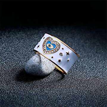 AILUOR Fashion White Enamel Evil Eye Ring, Inspirational Turkish Hamsa Crystal Love Heart Eye Charm ...