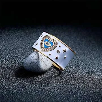 AILUOR Fashion White Enamel Evil Eye Ring, Inspirational Turkish Hamsa Crystal Love Heart Eye Charm ...