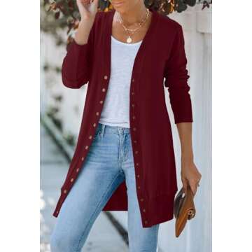MEROKEETY Women's 2024 Fall Long Sleeve Snap Button Down Solid Color Knit Ribbed Neckline Cardigans Wine