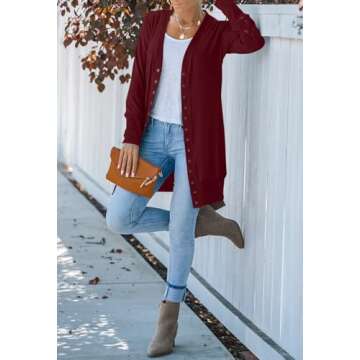 MEROKEETY Women's 2024 Fall Long Sleeve Snap Button Down Solid Color Knit Ribbed Neckline Cardigans Wine