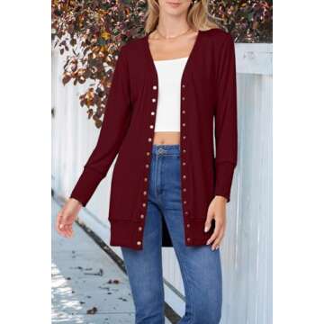 MEROKEETY Women's 2024 Fall Long Sleeve Snap Button Down Solid Color Knit Ribbed Neckline Cardigans Wine