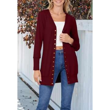 MEROKEETY Women's 2024 Fall Long Sleeve Snap Button Down Solid Color Knit Ribbed Neckline Cardigans Wine