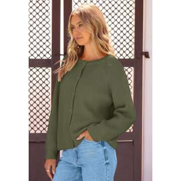 MEROKEETY Women's 2024 Long Sleeve Cardigan Sweater Crew Neck Button Ribbed Open Front Knit Outerwear, ArmyGreen, XL