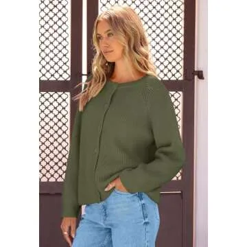 MEROKEETY Women's 2024 Long Sleeve Cardigan Sweater Crew Neck Button Ribbed Open Front Knit Outerwear, ArmyGreen, XL