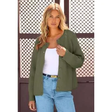 MEROKEETY Women's 2024 Long Sleeve Cardigan Sweater Crew Neck Button Ribbed Open Front Knit Outerwear, ArmyGreen, XL