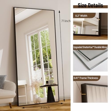 GLSLAND 71"x31" Full Length Mirror Extra Large Hanging or Leaning Rectangle Mirror Aluminum Alloy Thin Frame Bedroom Floor Dressing,Black