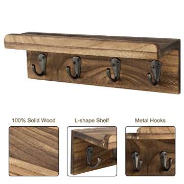 HRONRAD Rustic Key Holder for Wall, Farmhouse Wall Shelf with 4 Hooks, Wall Mounted Key Racks, Wooden Mail Organizer with Hooks for Entryway (Brown)