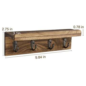 HRONRAD Rustic Key Holder for Wall, Farmhouse Wall Shelf with 4 Hooks, Wall Mounted Key Racks, Wooden Mail Organizer with Hooks for Entryway (Brown)