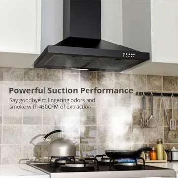 FIREGAS Range Hood 24 inch Wall Mount Type with Ducted/Ductless Convertible,450 CFM Stainless Steel Chimney-Style Kitchen Hood, Over Stove Vent Hood with 3 Speed Fan,Charcoal Filters,Black