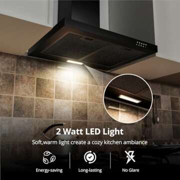 FIREGAS Range Hood 24 inch Wall Mount Type with Ducted/Ductless Convertible,450 CFM Stainless Steel Chimney-Style Kitchen Hood, Over Stove Vent Hood with 3 Speed Fan,Charcoal Filters,Black