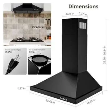 FIREGAS Range Hood 24 inch Wall Mount Type with Ducted/Ductless Convertible,450 CFM Stainless Steel Chimney-Style Kitchen Hood, Over Stove Vent Hood with 3 Speed Fan,Charcoal Filters,Black