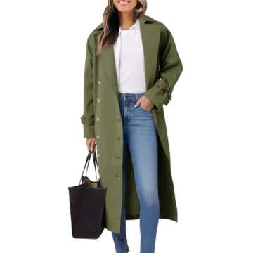 Tankaneo Womens Long Trench Coat Oversized Double Breasted Windproof Classic Lapel Casual Fall Overcoat