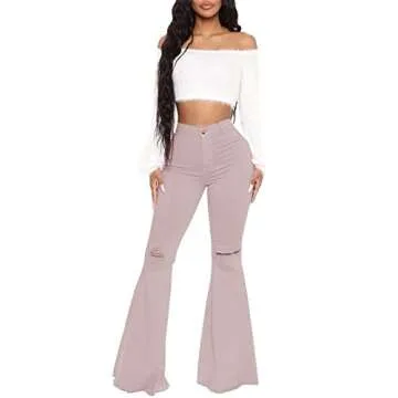 YouSexy Women's Flare Bell Bottom Jeans Knee Ripped Fitted Destroyed Flare Denim Pants 70s Outfits for Women