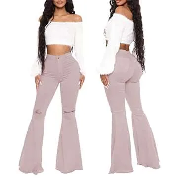YouSexy Women's Flare Bell Bottom Jeans Knee Ripped Fitted Destroyed Flare Denim Pants 70s Outfits for Women