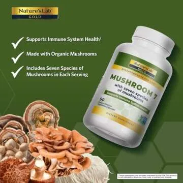 Nature's Lab Mushroom 7 Organic Blend - Immune Support and Cognitive Enhancement - 90 Capsules