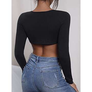 Verdusa Women's Rhinestone Fringe Long Sleeve Crop Top Round Neck Tee Sweater Black L