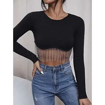 Verdusa Women's Rhinestone Fringe Long Sleeve Crop Top Round Neck Tee Sweater Black L