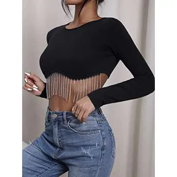 Verdusa Women's Rhinestone Fringe Long Sleeve Crop Top Round Neck Tee Sweater Black L