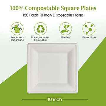 ECOLipak 150 Pieces Square Plates - 8 Inch Compostable Heavy Duty