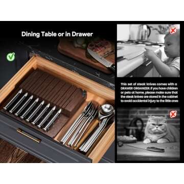 Piklohas Steak Knives Set of 8 with Drawer Organizer Built-in Sharpener, 4.6 Inch Non Serrated Dinne...