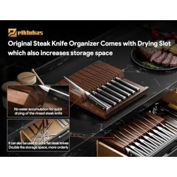 Piklohas Steak Knives Set of 8 with Drawer Organizer Built-in Sharpener, 4.6 Inch Non Serrated Dinner Knife, Forged German Steel Damascus Pattern Straight Edge Meat Knife with Full Tang Handle, Black