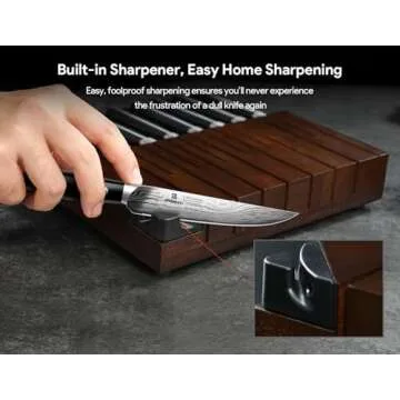 Piklohas Steak Knives Set of 8 with Drawer Organizer Built-in Sharpener, 4.6 Inch Non Serrated Dinner Knife, Forged German Steel Damascus Pattern Straight Edge Meat Knife with Full Tang Handle, Black