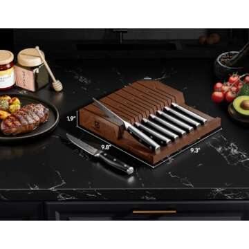 Piklohas Steak Knives Set of 8 with Drawer Organizer Built-in Sharpener, 4.6 Inch Non Serrated Dinner Knife, Forged German Steel Damascus Pattern Straight Edge Meat Knife with Full Tang Handle, Black