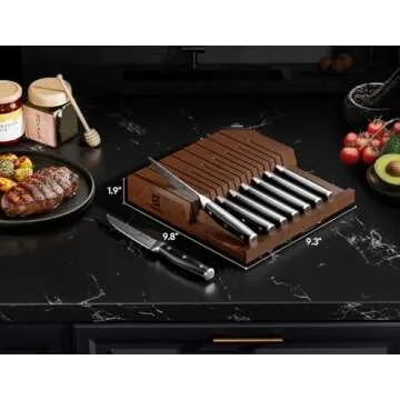 Piklohas Steak Knives Set of 8 with Drawer Organizer Built-in Sharpener, 4.6 Inch Non Serrated Dinner Knife, Forged German Steel Damascus Pattern Straight Edge Meat Knife with Full Tang Handle, Black