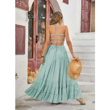 R.Vivimos Womens Summer Boho Sexy Backless Long Dresses (Small, Sage Green)