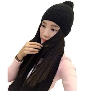 Lanzom® Women Lady Fashion Winter Warm Knitted Hat and Scarf Set Skullcaps (Black)