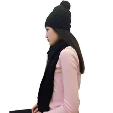 Lanzom® Women Lady Fashion Winter Warm Knitted Hat and Scarf Set Skullcaps (Black)