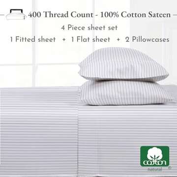 California Design Den Pinstripe King Size Sheets - Softest 100% Cotton Sheets Set, Luxury 400 Thread Count Sateen, Printed Striped Pattern Bed Sheets (Pinstriped)