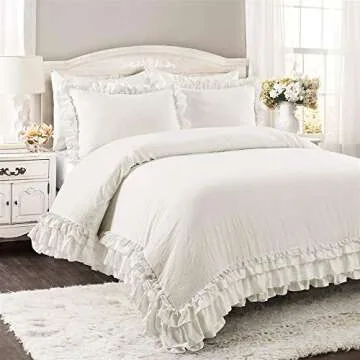 Lush Decor - Comforter Set, Luxurious Bedding with Matching Shams, Ruffle Lace Design, Shabby Chic Room Decor (Ella White, Full/Queen)