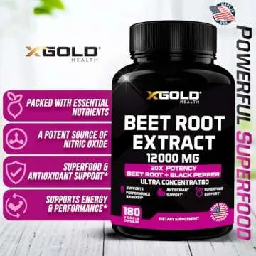 Beet Root Extract Capsules - 12000mg 20x Concentrated Beet Root Capsules Supplement w/Black Pepper - High Nitrates - Natural Nitric Oxide Booster - Highly Concentrated & Bioavailable -180 Veggie Caps