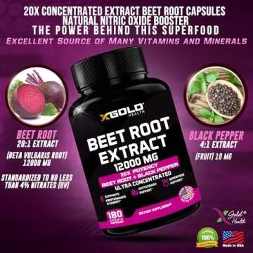 Beet Root Extract Capsules - 12000mg 20x Concentrated Beet Root Capsules Supplement w/Black Pepper - High Nitrates - Natural Nitric Oxide Booster - Highly Concentrated & Bioavailable -180 Veggie Caps
